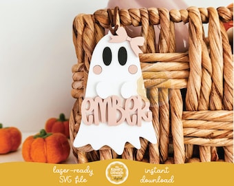 Archivo SVG de etiqueta de cesta de boo con fantasma y lazo, archivo láser de etiqueta de Halloween, SVG de Halloween, archivo láser de Halloween, SVG de etiqueta de cesta de boo, uso comercial