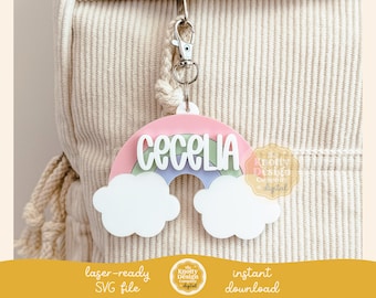 File SVG per etichetta zaino arcobaleno, file SVG per etichetta zaino estiva, file SVG per il ritorno a scuola, file SVG per etichetta zaino per bambini, file SVG per uso commerciale gratuito