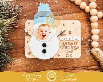 Imán de marco de fotos navideño SVG, imán de fotos de invierno SVG, imán de muñeco de nieve SVG, archivo láser navideño, SVG láser de invierno, uso comercial