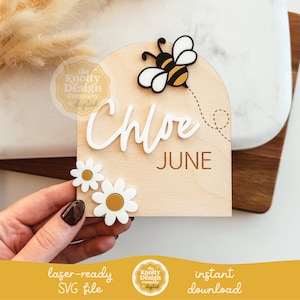 Letrero de anuncio de nacimiento de abeja SVG, letrero con nombre de bebé de abeja SVG, archivo láser para letrero de revelación de nombre, letrero SVG para bebé, archivo láser para letrero de bebé 3D, uso comercial