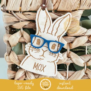 Lapin avec des lunettes étiquette de panier de Pâques SVG, fichier laser pour étiquette de Pâques, Pâques SVG, fichier laser de Pâques, étiquette de panier de Pâques SVG, usage commercial gratuit