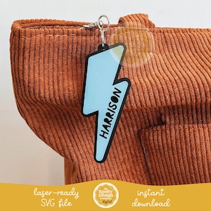 Lightening Bolt Backpack Tag Laser SVG File, Boys Backpack Tag SVG, Back To School SVG, Kid&#39;s Bag Tag Laser File, Free Commercial Use