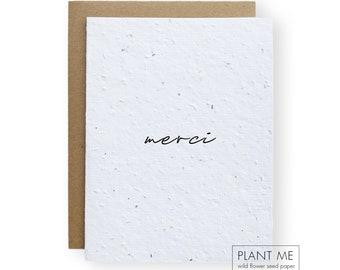 Plantable Seed Paper Merci (Thank you in French) Card - Grow Wild Flowers - Wedding Shower Thank You Cards - Baby Shower Thank You Cards