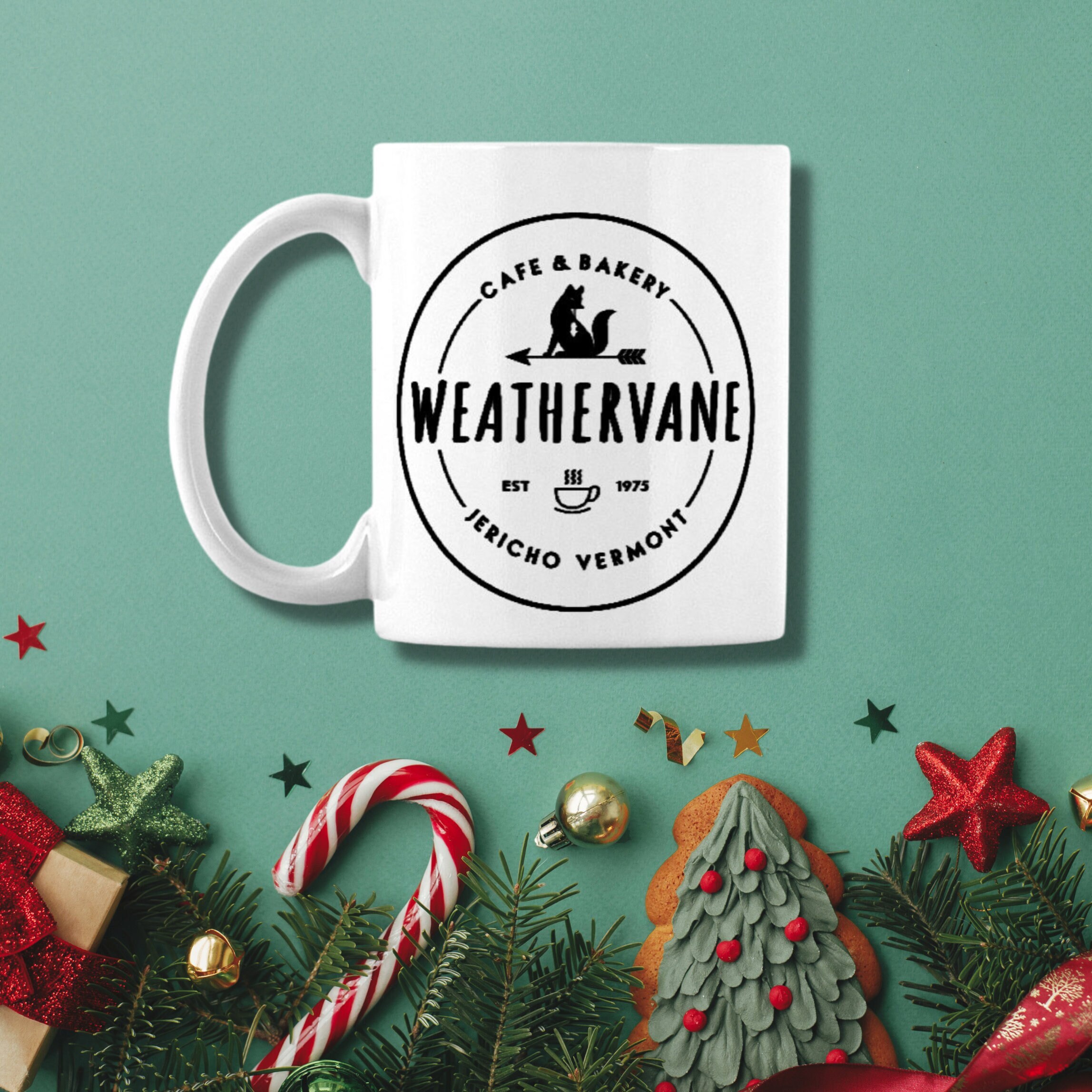 Weathervane Cafe and Bakery Jericho Vermont Nevermore White Mug 11 Oz Wednesday Addams Netflix