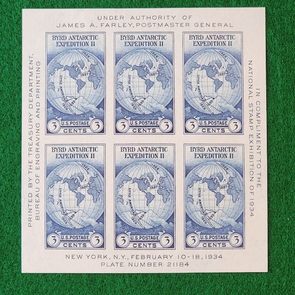 Byrd Antarctic Expedition Souvenir Sheet & Stamps 1934