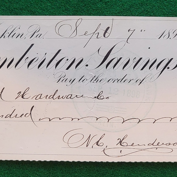 Antique Cancelled Check from 1898