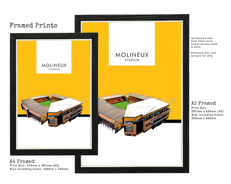 May include: Framed print of Molineux Stadium, the home of Wolverhampton Wanderers Football Club. The print is on a yellow background with black and white framing. The print is available in A3 and A4 sizes.