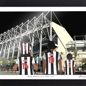May include: A framed digital illustration showing four individuals from behind, wearing black and white striped soccer jerseys with the names DAD, MUM, MAX, and AVA and numbers 14, 10, 7, and 9, standing before a large stadium at night.