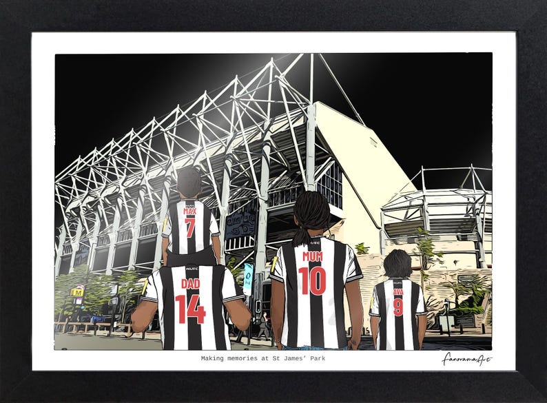 May include: A framed digital illustration showing four individuals from behind, wearing black and white striped soccer jerseys with the names DAD, MUM, MAX, and AVA and numbers 14, 10, 7, and 9, standing before a large stadium at night.