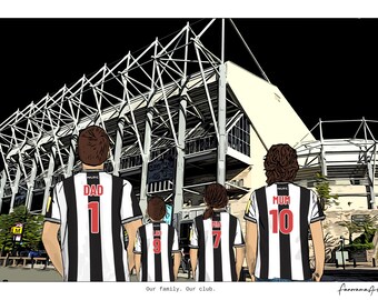 May include: A digital illustration of four people from behind, wearing black and white striped soccer jerseys with red numbers and text. The jerseys feature the text DAD 1, LEO 9, MIA 7, and MUM 10. The background shows a large stadium structure.