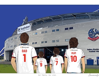 May include: A digital illustration of a family of four standing before the Toughsheet Community Stadium. Each person wears a white soccer jersey with the Ebuyer logo, names DAD, LEO, MIA, and MUM, and numbers 1, 9, 7, and 10. The text Our family. Our club. appears below.