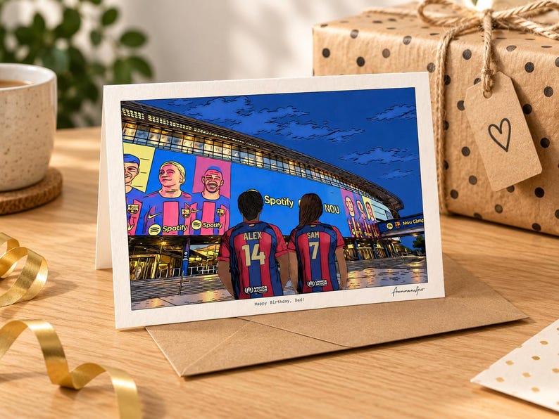 May include: A greeting card featuring a cartoon illustration of two people wearing blue and red soccer jerseys with the names ALEX 14 and SAM 7, standing before a stadium with a large Spotify banner. The text Happy Birthday, Dad! is printed below.