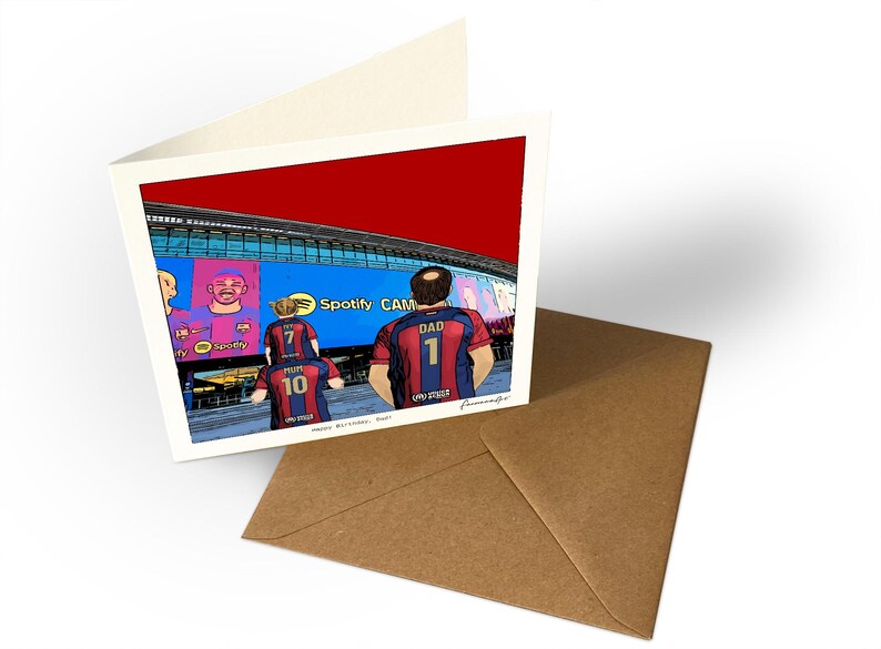May include: A folded greeting card featuring a cartoon illustration of three people wearing red and blue soccer jerseys with the text DAD 1, MUM 10, and 7 on the backs, standing before a stadium with a sign reading Spotify CAMP.