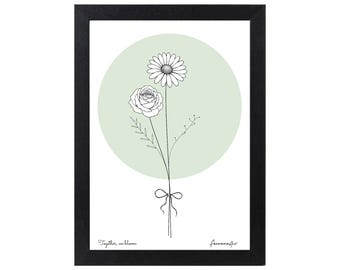 May include: A framed wall art print featuring a black line drawing of a rose and a daisy tied with a bow, centered over a pale green circle on a white background. The text "Together, we bloom" is printed in the bottom left corner in black script.