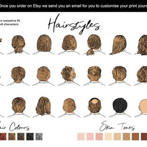 Customisation guide showing twenty-one hairstyles viewed from behind, plus hair-colour and skin-tone swatches. All styles can be used for child or adult characters. Orders receive an email to customise the print.