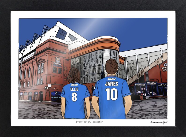 May include: A framed digital illustration of two individuals wearing blue soccer jerseys with the names ELLIE and JAMES and numbers 8 and 10 on the back, standing before a large red brick stadium. The text Every match, together is printed below.