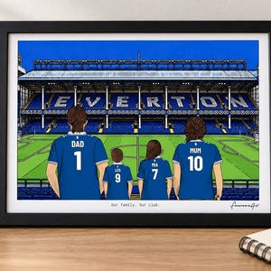 AI-created desk mockup of an example Everton A4 framed print using the Pitch Side background.