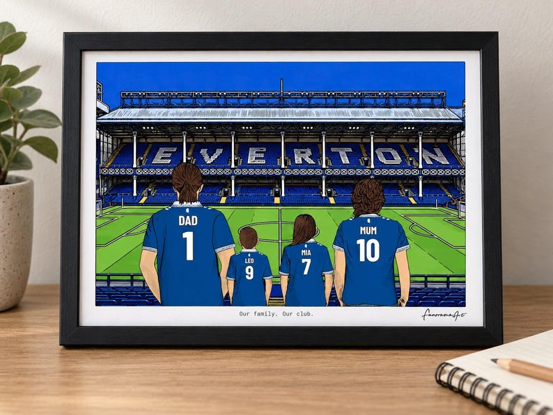 AI-created desk mockup of an example Everton A4 framed print using the Pitch Side background.
