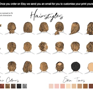 May include: A chart of different hairstyles and skin tones for customizing a family portrait. The chart includes 24 different hairstyles and 12 different skin tones.