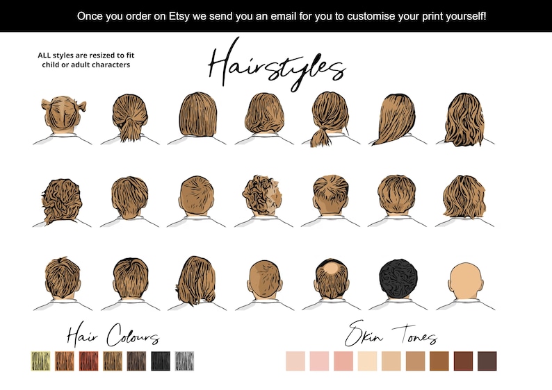 May include: A chart of different hairstyles and skin tones for customizing a family portrait. The chart includes 24 different hairstyles and 12 different skin tones.