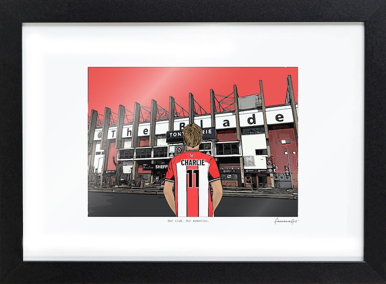 May include: A framed illustration of a person wearing a red and white striped jersey with the name CHARLIE and number 11 on the back, standing before a stadium with the text The Blade visible on the structure and Our club. Our memories. below.