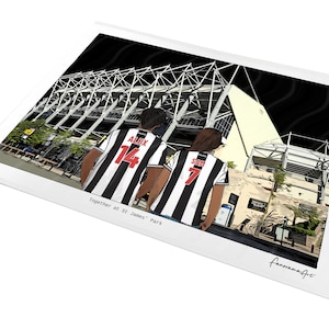 May include: A digital art print featuring two individuals from behind, wearing black and white striped jerseys with the names ALEX and SAM and numbers 14 and 7, standing before a stadium. The text reads Together at St James' Park.
