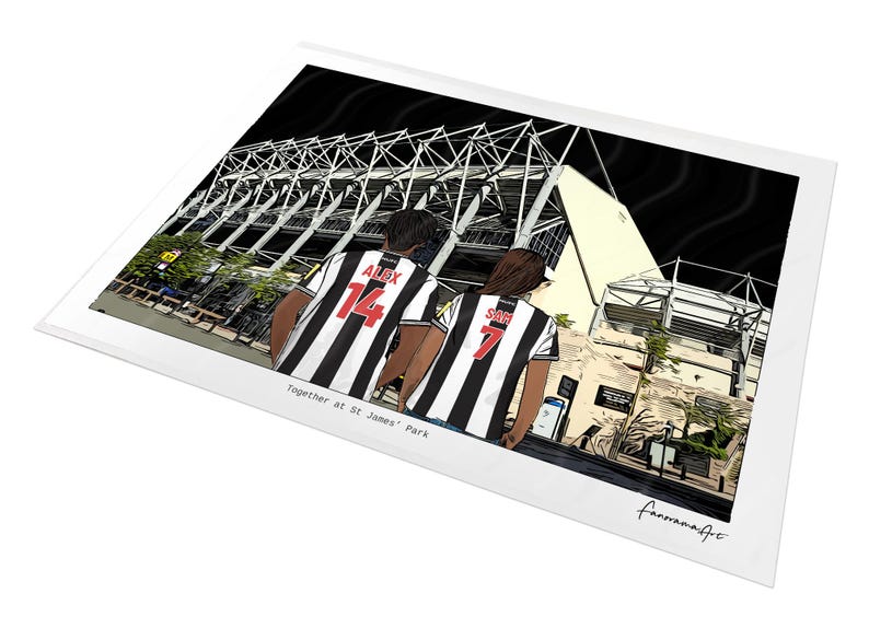 May include: A digital art print featuring two individuals from behind, wearing black and white striped jerseys with the names ALEX and SAM and numbers 14 and 7, standing before a stadium. The text reads Together at St James' Park.
