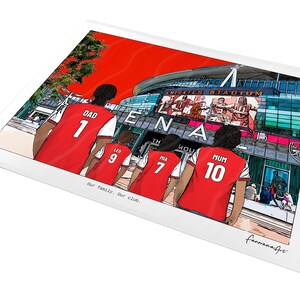 A3 unframed personalised Arsenal family print showing Dad 1, Leo 9, Mia 7 and Mum 10 facing the Emirates Stadium, displayed at an angle on white.