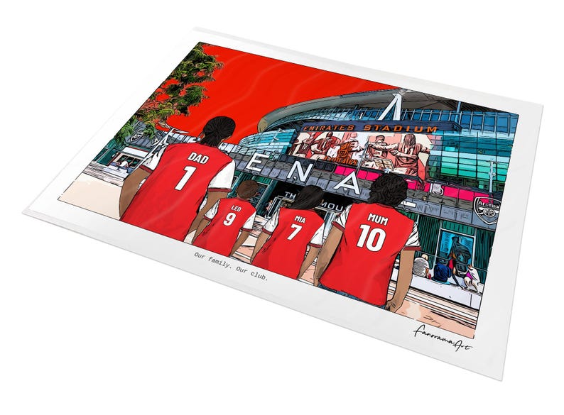 A3 unframed personalised Arsenal family print showing Dad 1, Leo 9, Mia 7 and Mum 10 facing the Emirates Stadium, displayed at an angle on white.