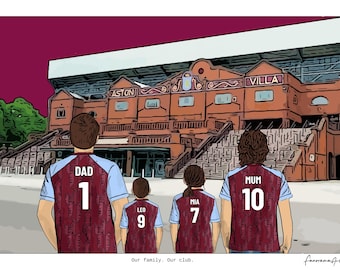 May include: A digital illustration of four people from behind, wearing claret and blue soccer jerseys with the names DAD 1, LEO 9, MIA 7, and MUM 10, standing before the Aston Villa stadium. The text Our family. Our club. appears below.