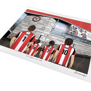 May include: A digital illustration print showing four people from behind wearing red and white striped football shirts with names and numbers, standing before a stadium with the text Gtech, Our family. Our club. and PanoramaArt.