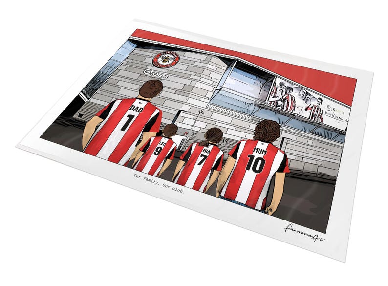 May include: A digital illustration print showing four people from behind wearing red and white striped football shirts with names and numbers, standing before a stadium with the text Gtech, Our family. Our club. and PanoramaArt.