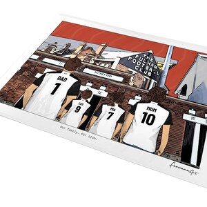 May include: A digital illustration print showing four people from behind wearing white and black soccer jerseys with the names DAD, LEO, MIA, and MUM and numbers 1, 9, 7, and 10. The background depicts a stadium with text reading THE FULHAM FOOTBALL CLUB, PUTNEY END, and Our family. Our club.
