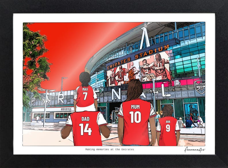Personalised Arsenal family print in a black landscape frame, showing Dad 14 carrying Max 7 on his shoulders beside Mum 10 and Ava 9 at the Emirates Stadium.