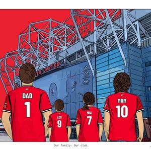 May include: A digital illustration of four individuals viewed from behind, wearing red soccer jerseys with white numbers and names DAD 1, LEO 9, MIA 7, and MUM 10. They stand before a large blue stadium structure with a red sky and text Our family. Our club.