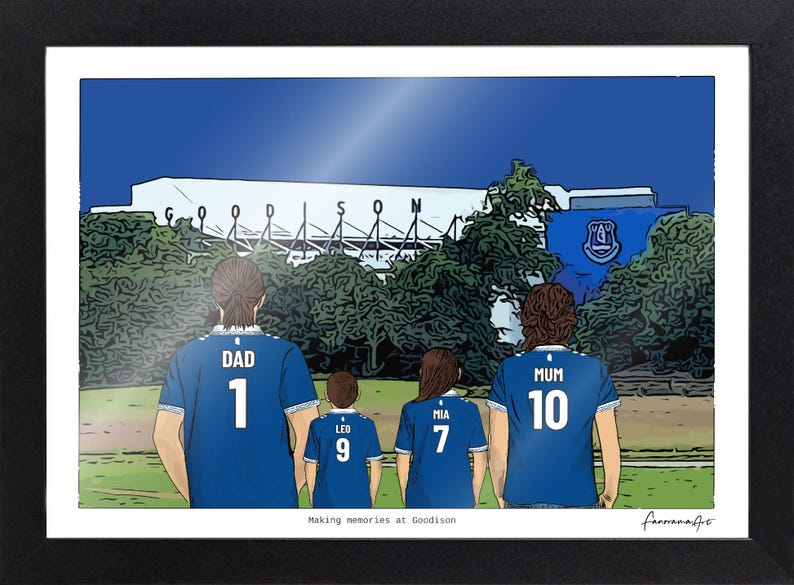 Personalised Everton A3 framed family print with the message Making memories at Goodison.