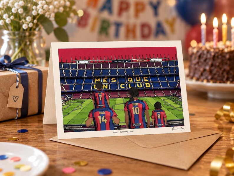 May include: A greeting card featuring an illustration of a family of four wearing red and blue soccer jerseys inside a stadium. The stadium seating displays the text M&Eacute;S QUE UN CLUB. The jerseys have the names DAD, MUM, MAX, and MIA printed on them.