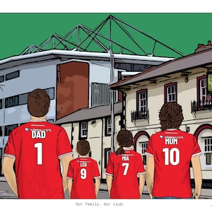 May include: A digital illustration of four people from behind wearing red jerseys with white numbers and names: DAD 1, LEO 9, MIA 7, and MUM 10. They stand before a large stadium and a building. The text "Our family. Our club." appears at the bottom.