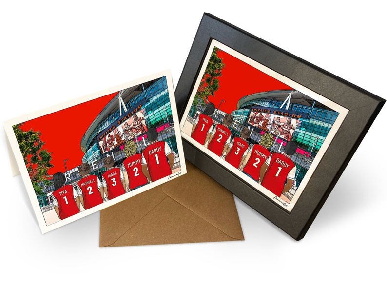 May include: A personalized card featuring a cartoon illustration of a family of five wearing red shirts with numbers on the back, standing in front of a stadium. The stadium is red and has a large screen showing a football game. The text on the shirts reads "Mya 1", "Maxwell 2", "Isaac 3", "Mummy 2", and "Daddy 1".