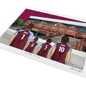 May include: A digital illustration of four individuals wearing claret and blue soccer jerseys with the names DAD, LEO, MIA, and MUM and numbers 1, 9, 7, and 10 printed on the back, standing before the Aston Villa stadium with the text Our family. Our club.