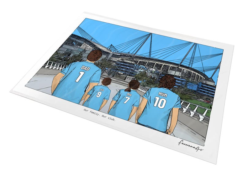 May include: A rectangular art print featuring a cartoon illustration of four people wearing light blue soccer jerseys with the names DAD, LEO, MIA, and MUM and numbers 1, 9, 7, and 10. The text Our family. Our club. is printed below the figures.