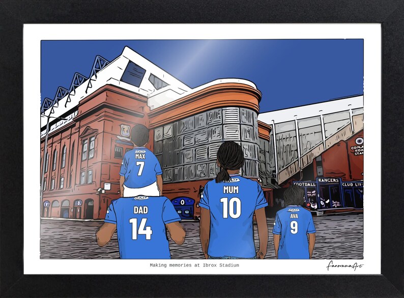 May include: A framed digital illustration of four individuals wearing blue soccer jerseys with names and numbers on the back, standing before Ibrox Stadium. The text "Making memories at Ibrox Stadium" is printed at the bottom center of the print.