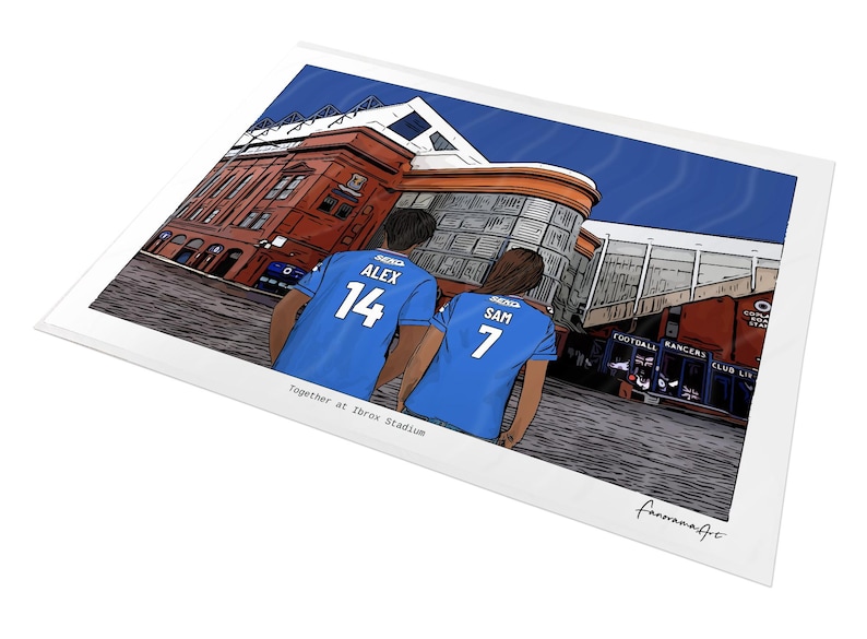 May include: A digital illustration print showing two people from behind wearing blue soccer jerseys with the names ALEX and SAM and numbers 14 and 7, standing in front of a red brick stadium. The text Together at Ibrox Stadium is printed below.