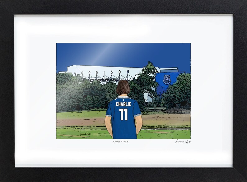 Bordered A4 Everton print in a black frame, showing Charlie, number 11, and Always a Blue. The border is part of the printed paper.