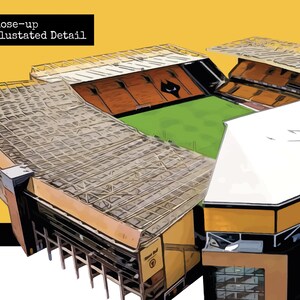 May include: An illustrated aerial view of a large stadium with black and gold seats. The stadium has a large green field in the center and a white roof on one side. The stadium is surrounded by a yellow background.