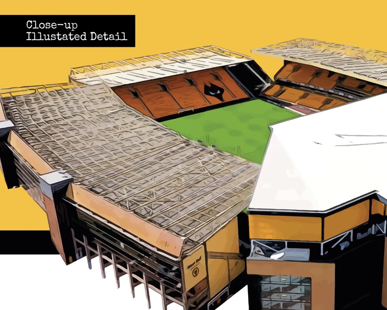 May include: An illustrated aerial view of a large stadium with black and gold seats. The stadium has a large green field in the center and a white roof on one side. The stadium is surrounded by a yellow background.