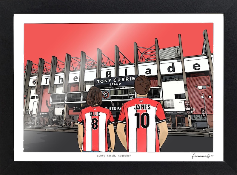 May include: A framed illustration of two individuals wearing red and white striped soccer jerseys with the names Ellie and James and numbers 8 and 10 on the back. They stand before the Tony Currie Stand at a stadium with the text Every match, together.
