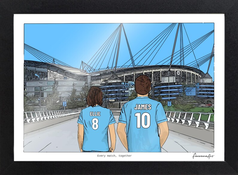 May include: A framed illustration of two people from behind wearing light blue soccer jerseys with the names Ellie and James and numbers 8 and 10 printed on the back. They stand before a large stadium under a clear blue sky. Text reads Every match, together.