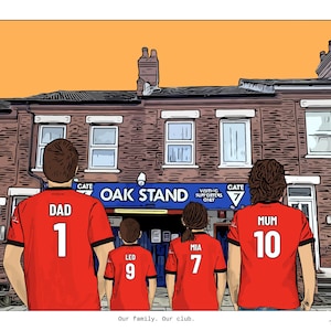 May include: A digital illustration of four people from behind wearing red soccer jerseys with white numbers and names. The jerseys read DAD 1, LEO 9, MIA 7, and MUM 10. They stand before a brick building with a blue sign reading OAK STAND GATE 7.