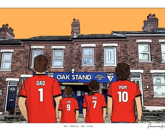 May include: A digital illustration of four people from behind wearing red soccer jerseys with white numbers and names. The jerseys read DAD 1, LEO 9, MIA 7, and MUM 10. They stand before a brick building with a blue sign reading OAK STAND GATE 7.